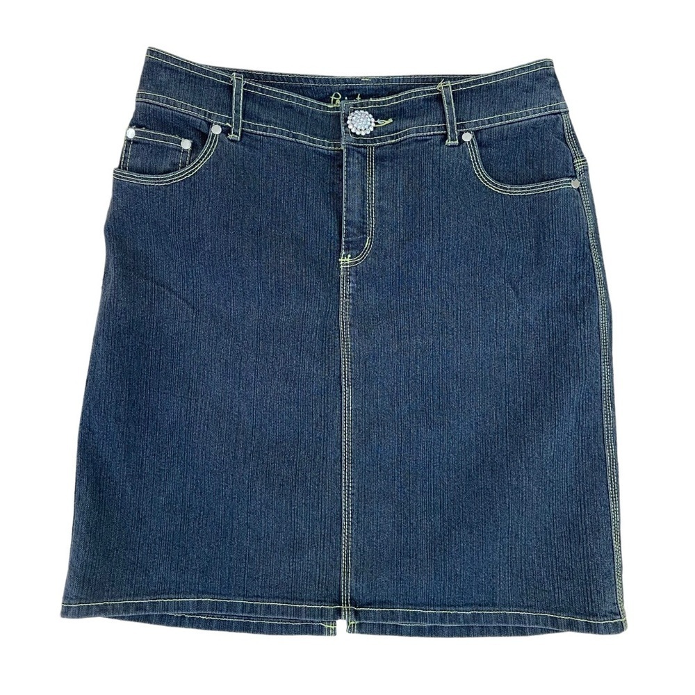 Point Zero Nicole Benisti jeans skirt blue denim lime stitches high rise size 9